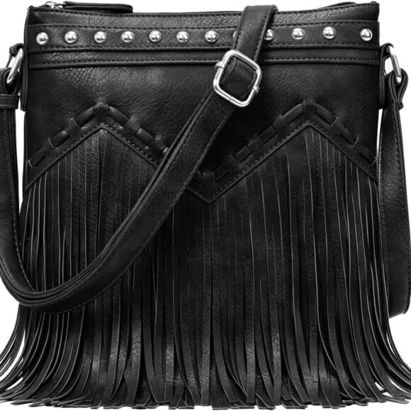Fringe Crossbody Bag with Rivets Western Purse Vegan Leather Tassel Shoulder Cro - Picture 1 of 6